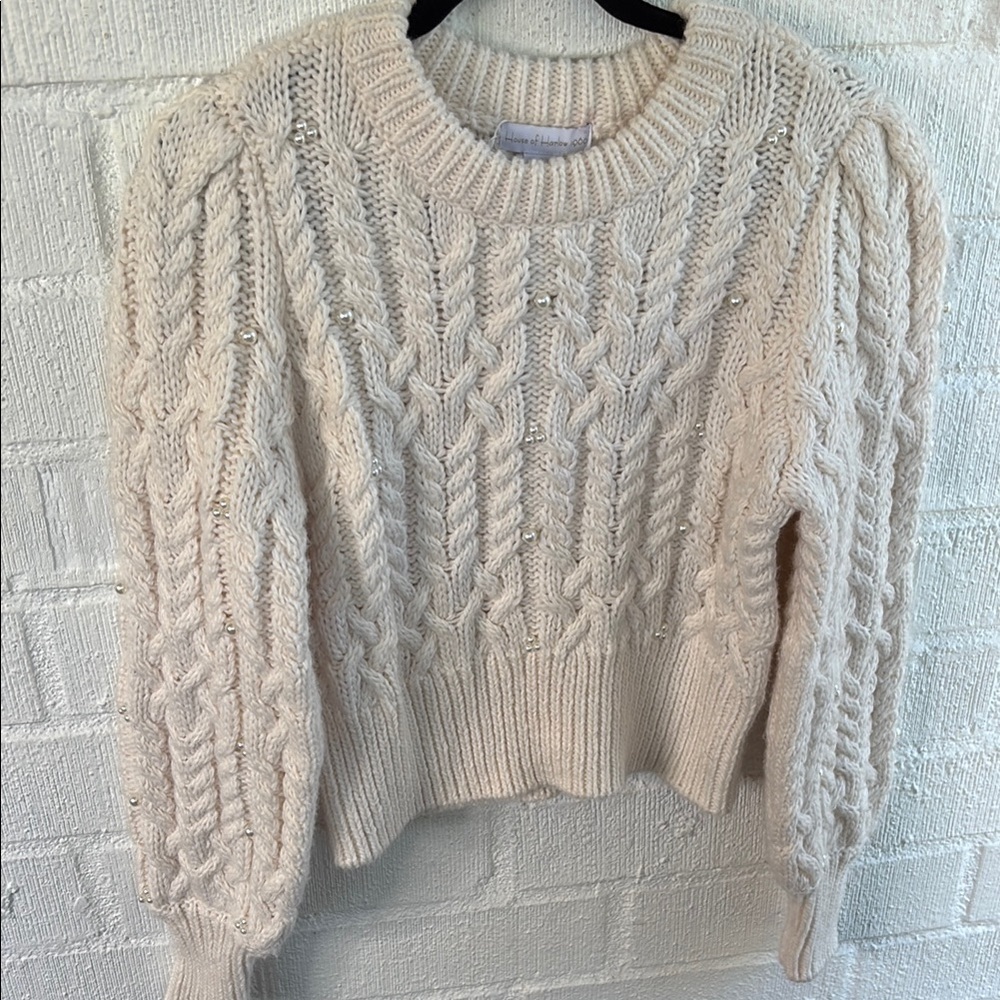 House of Harlow 1960 Cable Knit Pearl Chunky Knit Long Sleeve Cream Sweater